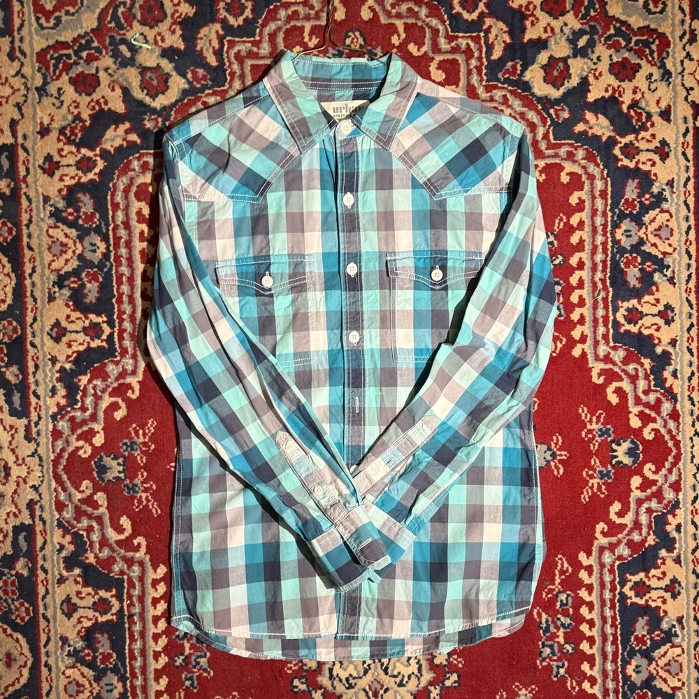 Urban Pipeline Teal and Black Plaid Button Down Shirt